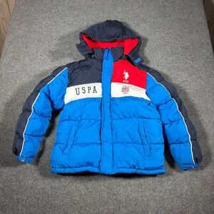 U.S. Polo Assn Puffer Jacket Boys Large Blue Red Removable Hood